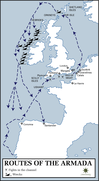 The Spanish Armada is defeated by the English, with some Spaniards slain upon reaching the coasts of Ireland and some survivors remaining